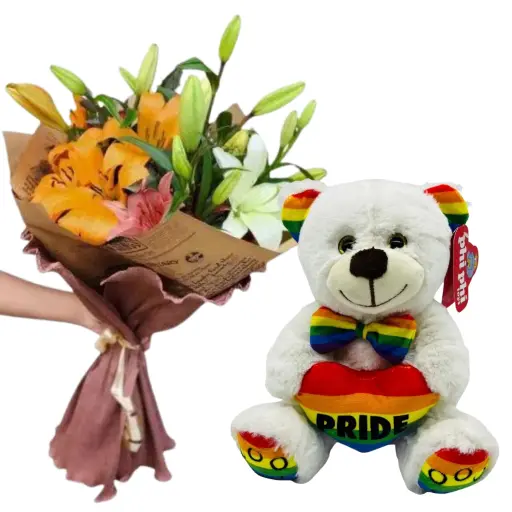 RAMO DE FLORES LILIUMS CON PELUCHE pride 